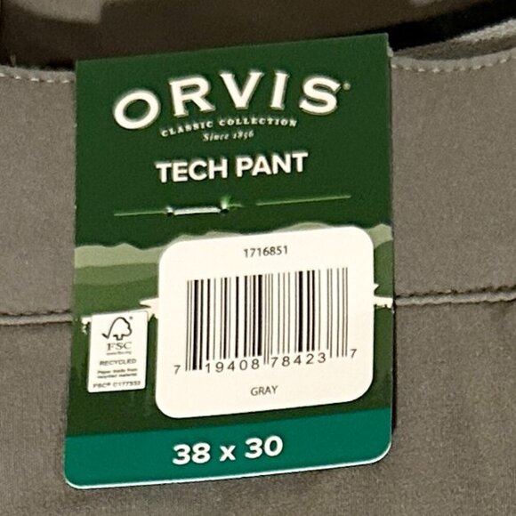 New Orvis Tech Pants Men's Size W38 X L30 Gray Water Resistant Stretch Fabric - Picture 7 of 11
